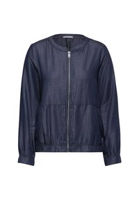 Marineblaue Jeans-Bomberjacke mit einem Frontreißverschluss, elastischem Bund und Bündchen. Verfügt über einen runden Halsausschnitt und keine sichtbaren Muster oder Verzierungen.