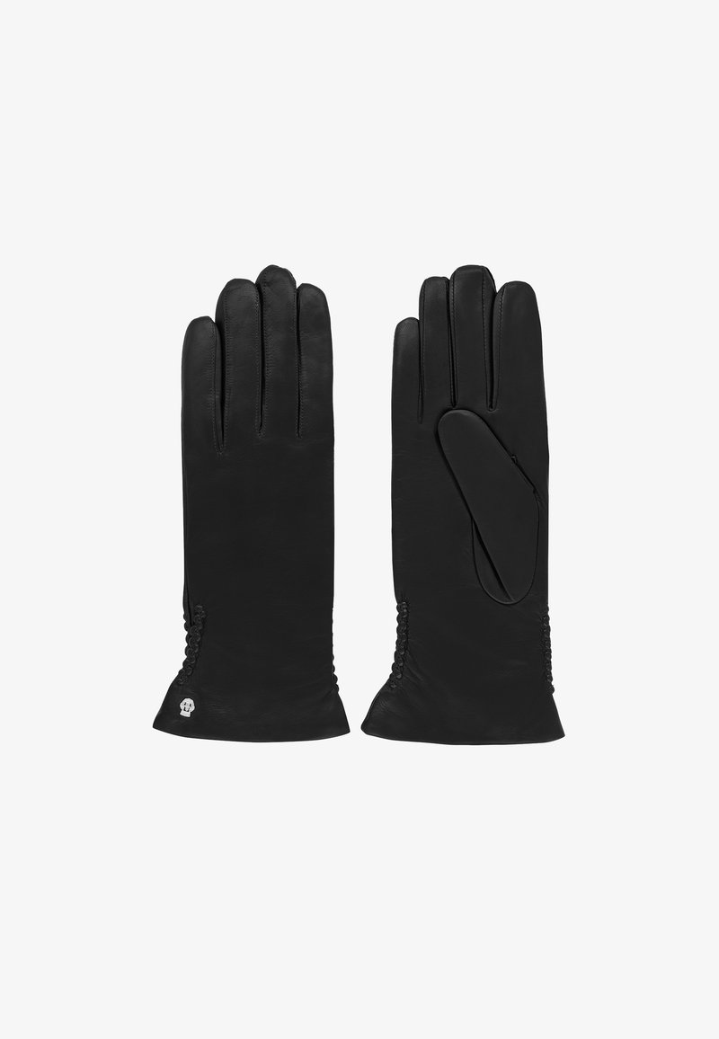 Black leather gloves with a smooth texture, featuring five fingers, an elastic side gathering, and a small skull accent near the wrist.