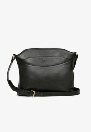 Borsa a tracolla in pelle nera con finitura testurizzata, design piatto, singolo manico regolabile e un logo discreto sul davanti.