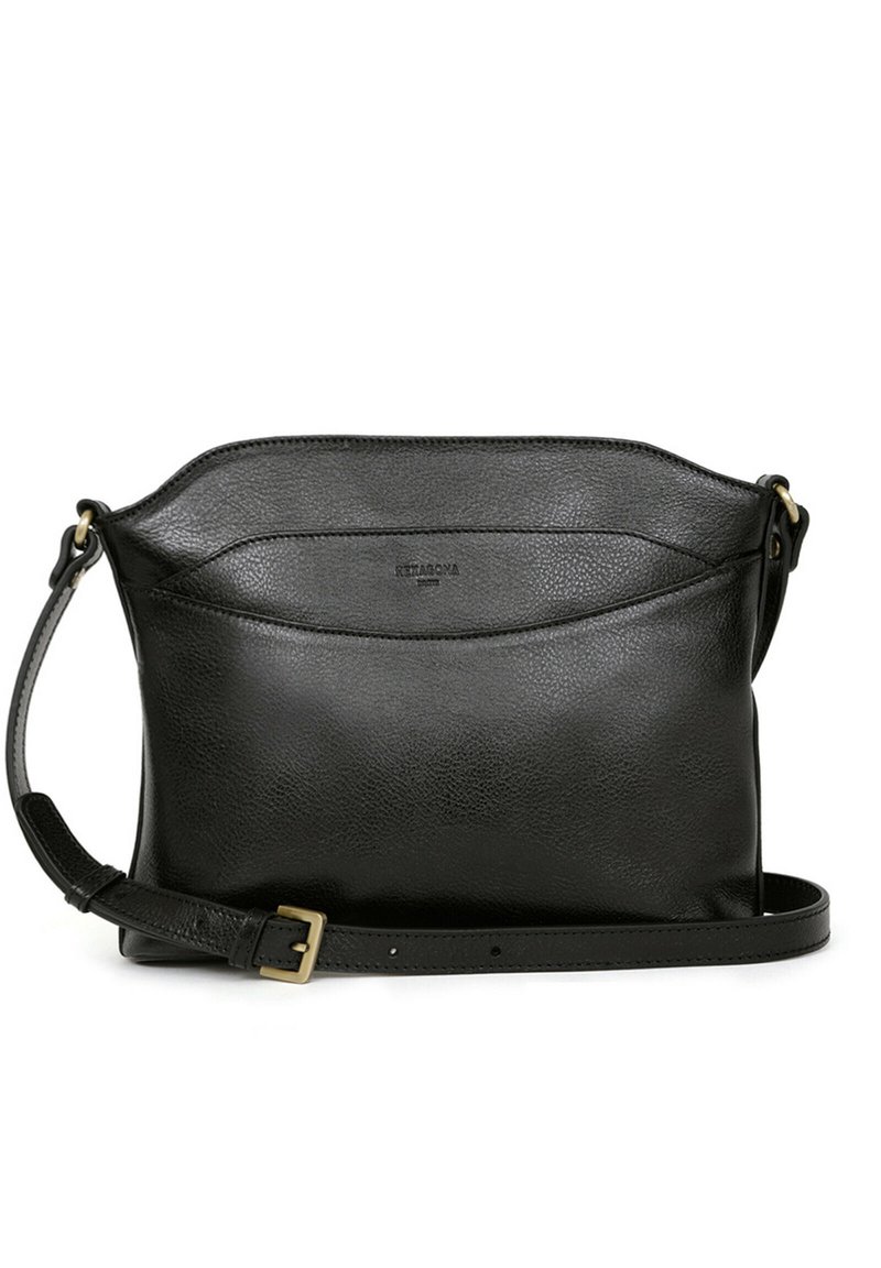 Borsa a tracolla in pelle nera con finitura testurizzata, design piatto, singolo manico regolabile e un logo discreto sul davanti.
