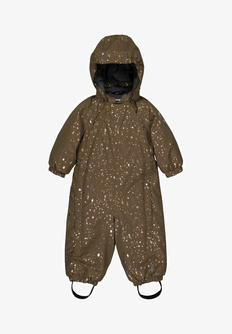 Brązowy wodoodporny kombinezon z wzorem w plamy, elastycznymi mankietami i kapturem. Posiada szare odblaskowe akcenty oraz regulowane paski na stopy.