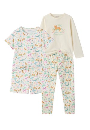 Two sets of children's pajamas: one with short sleeves and shorts featuring colorful jungle animals, the other with long sleeves and pants with a leopard design.