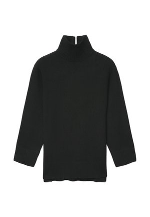 Maglione nero a collo alto con un colletto a coste alto, maniche lunghe e polsini a coste. Presenta un design minimalista e un tessuto testurizzato.