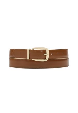 Brown leather belt with a smooth texture, featuring a shiny gold buckle and multiple adjustment holes for fit.