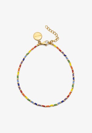 El collar de cuentas colorido presenta pequeñas cuentas de vidrio texturizado en rojo, amarillo, verde, azul y púrpura, con herrajes de metal dorado y una cadena ajustable.