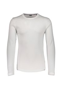 Weißes Langarmhemd aus einem glatten, dehnbaren Stoff. Verfügt über einen runden Halsausschnitt und ein tailliertes Design mit einem sanften Glanz.