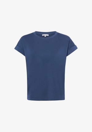 Blaues T-Shirt mit kurzen Ärmeln und Rundhalsausschnitt, mit umgeschlagenen Bündchen, aus unifarbenem Stoff, auf weißem Hintergrund dargestellt.