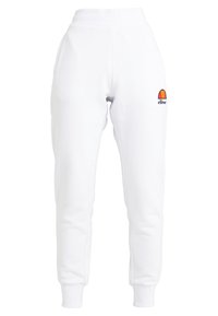 Vita fleecbyxor med elastisk midja och mudd vid bensluten, sidofickor och en liten orange och röd ellesse-logga på höger lår.