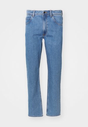 Light blue denim jeans with a straight leg design, five pockets, and a button closure. Includes stitched detailing along the seams.