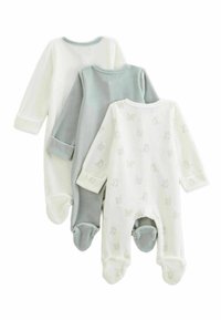 Trois grenouillères pour bébés en tissu doux : une blanche avec des motifs animaliers, une grise unie et une blanche unie ; toutes avec des manches et des pieds à bord côtelé.