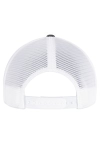 Hvid baseballcap med mesh bag, plastik snaplukning og en ensfarvet knap på toppen. Strukturstof med en fast form.