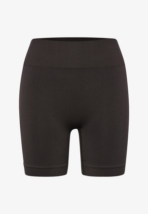 Czarne, bezszwowe, wysokowalne spodenki rowerowe z szerokim pasem i długością do połowy uda, zaprojektowane na przylegający, sportowy krój.