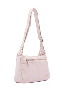 Borsa a spalla in pelle beige chiaro con superficie testurizzata, tasca anteriore con zip e dettagli in metallo dorato. Cinghia regolabile per maggiore comodità.
