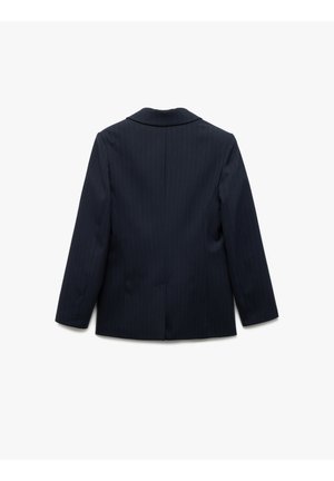 Blazer a righe navy con colletto a punta, maniche lunghe e uno spacco centrale. Il tessuto sembra liscio e strutturato. Vista posteriore in mostra.