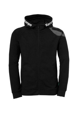Felpa nera con zip e pannello superiore testurizzato che presenta un motivo a rete, cappuccio con dettagli in logo e polsini e orlo a coste.