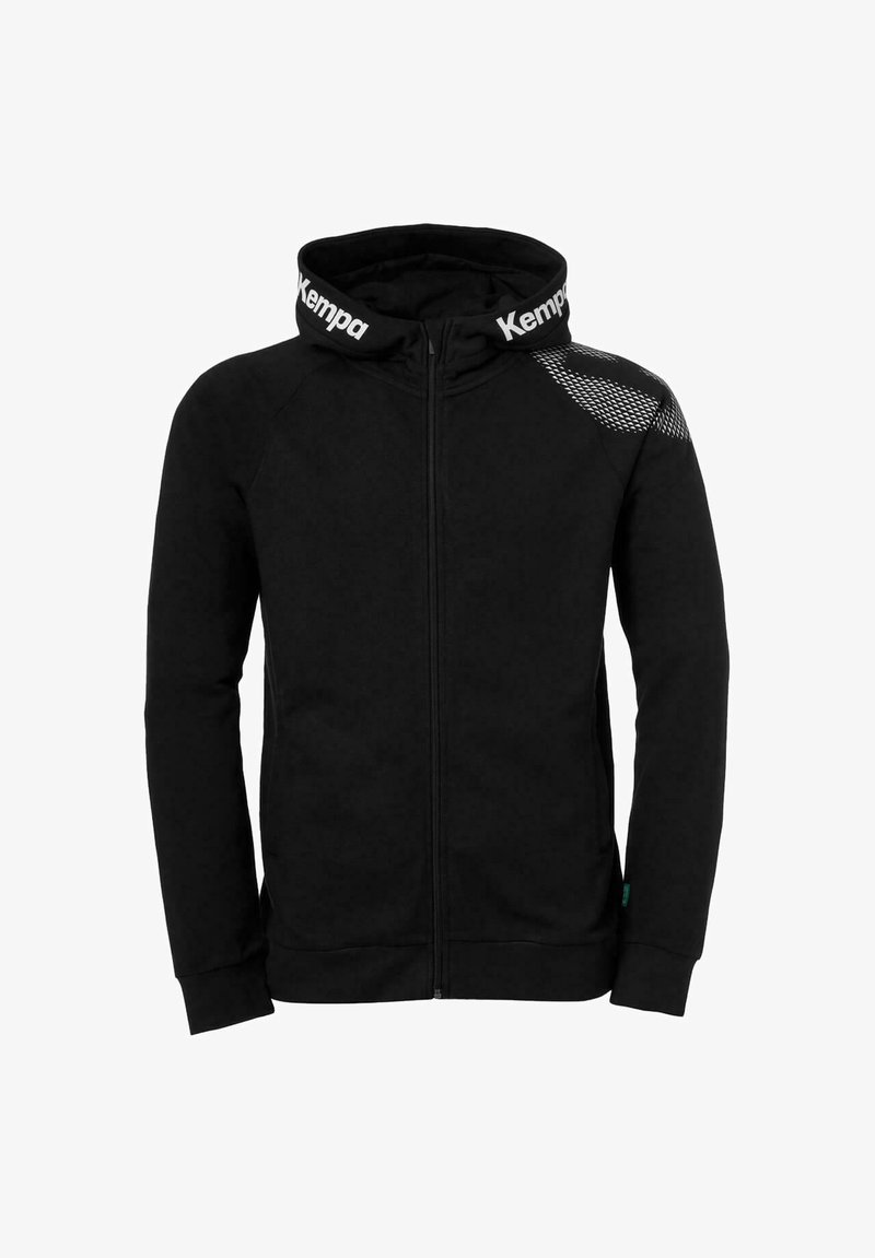 Sort zip-up hoodie med et tekstureret overpanel, der har et mesh-mønster, hætte med logo-detaljer og ribbestrikkede manchetter og forneden.