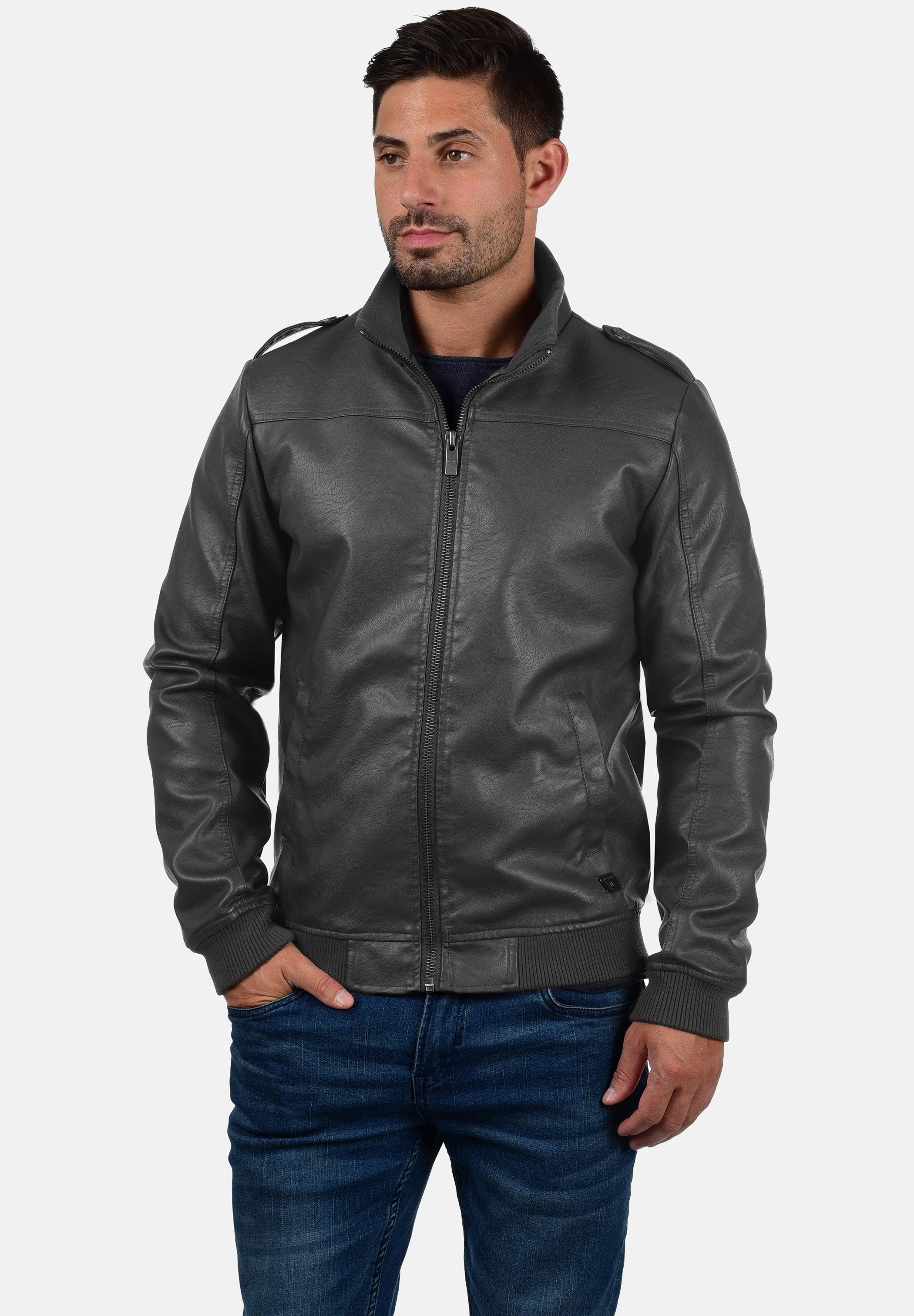 dark gray leather jacket