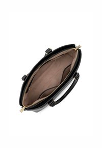 Borsa a tracolla in pelle nera con hardware dorato, dotata di chiusura con zip e morbida interior beige. Contiene scomparti per l'organizzazione.