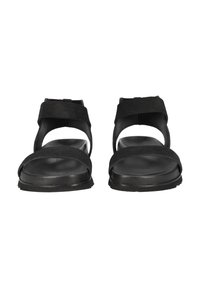 Black suede sandals featuring wide straps and a flat rubber sole. Open toe design with two upper straps for adjustable fit.