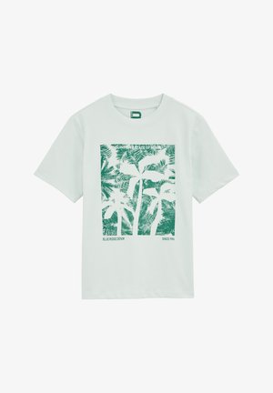 Mere rohelisest puuvillase t-särgist, millel on tumeroheline palmilehtede graafiline print ja all tekst "GÄNGILINE MEELEOLU" ning brändi üksikasjad.