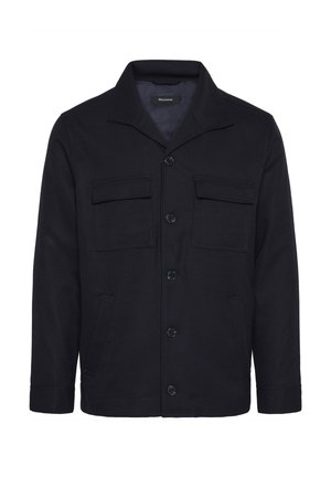 Navy blue, textured jacket with a spread collar, front button closure, two chest pockets, and side pockets. Simple, functional design.