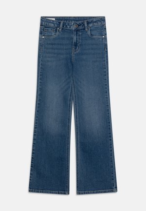 Jean à coupe large en denim bleu moyen. Doté d'une fermeture à bouton et à glissière, de deux poches avant et d'une couture minimaliste. Texture lisse.