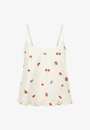 Cream-colored camisole with thin straps, featuring a fruit print of red cherries and blueberries, finished with a ruffled hem.
