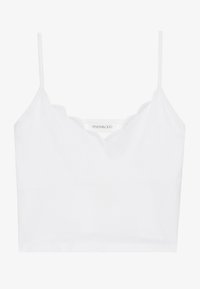 Witte cropped tanktop met verstelbare spaghettibandjes, featuring een gegolfde halslijn en zachte katoenen stof. Schoon, minimalistisch ontwerp.