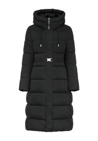 Czarna kurtka puchowa z kapturem, z przodu na zamek błyskawiczny i paskiem w talii. Projekt zawiera pikowane sekcje dla lepszej izolacji.