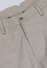 Light gray tailored trousers with a textured fabric, featuring a front button closure and belt loops, angled side pockets, and clean stitching.