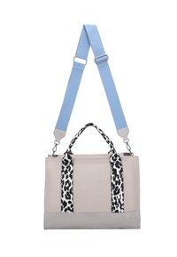 Gray and beige fabric bag with leopard print accents, dual black and blue straps, and top handles. Features a zip closure and structured shape.