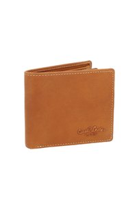 Portafoglio in pelle bifold color marrone chiaro con cuciture visibili e logo "Gusti Leder Studio" in rilievo nell'angolo in basso a destra.