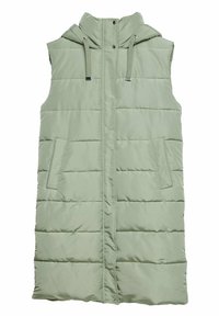 Lichtgroene gewatteerde bodywarmer met een capuchon, voorzien van doorgestikte delen, een ritssluiting aan de voorkant en zijzakken. Gladde stof met een matte afwerking.