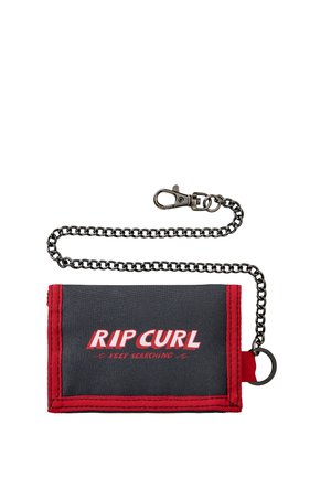 Sort og rød Rip Curl pung med metal kæde og lås, med teksten "KEEP SEARCHING" under logoet på frontpanelet.
