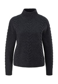 Pull en maille gris foncé avec col montant côtelé, motif à torsades sur le devant et les manches, poignets et ourlet côtelés.