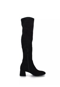 Stivale nero in camoscio fino al ginocchio con tacco a blocco e cerniera laterale, mostrato di profilo su sfondo bianco.