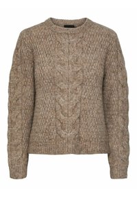 Cable-knit sweater in a warm beige color. Features a round neckline and ribbed cuffs. Made from textured, soft material. Cozy design.