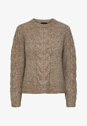 Garo švarkas iš kabelių mezgimo šiltos smėlio spalvos. Turintis apvalų iškirpimą ir raukšlėtus rankogalius. Pagamintas iš tekstūruoto, švelnaus medžiagos. Patogus dizainas.