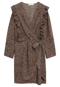 Robe portefeuille marron avec un motif léopard, manches longues, accents à volants et ceinture nouée à la taille. Confectionnée dans un tissu doux.