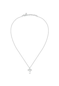 Collana in argento con un piccolo ciondolo a croce. La croce ha una finitura lucida con dettagli sottili e accenti trasparenti.