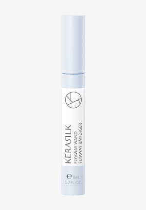 Lichtblauwe dopbuis van KERASTILK Flyaway Wand haarproduct, 8 ml, met zwart logo en tekst op het witte etiket.