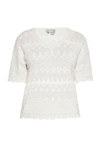 Maglione bianco a maniche corte con scollo a V, caratterizzato da un motivo testurizzato con forme a diamante e orlo scallop, realizzato in un materiale in maglia leggero.