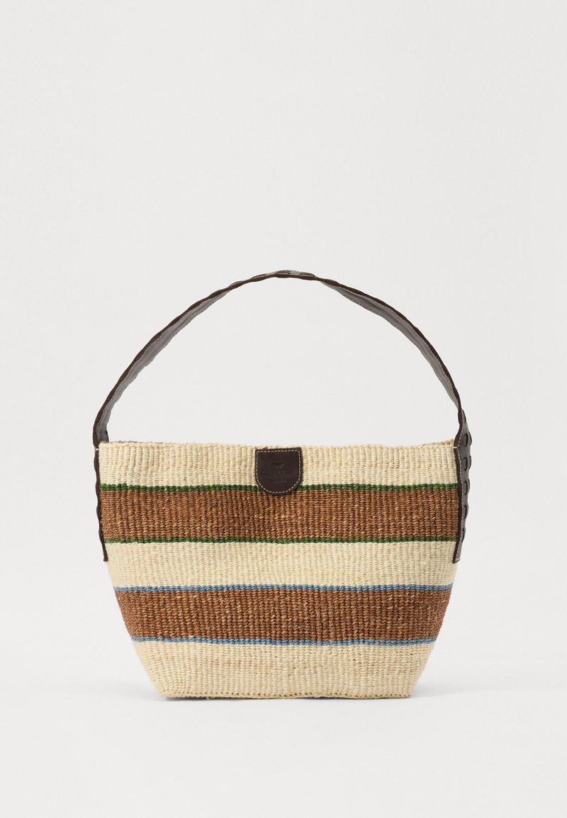 Woven straw handbag in cream with brown, green, and blue stripes. Features a brown leather strap and a logo tag on the front.