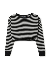 Zwart-wit gestreept cropped sweater met een ronde hals en lange mouwen. Ribgebreide manchetten en zoom geven textuur en definitie.