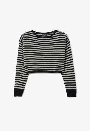 Zwart-wit gestreept cropped sweater met een ronde hals en lange mouwen. Ribgebreide manchetten en zoom geven textuur en definitie.