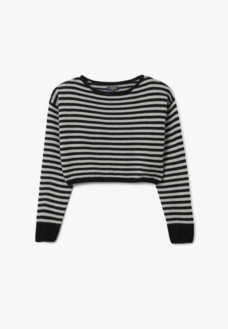 Gestreifter, schwarz-weißer, verkürzter Pullover mit Rundhalsausschnitt und langen Ärmeln. Die gerippten Bündchen und der Saum sorgen für Textur und Definition.