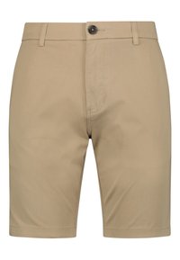 Beige shorts van gladde stof, met een vlakke voorkant, een enkele knoopsluiting en twee zijzakken. Tailored ontwerp tot de knie.