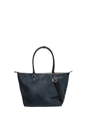 Grand sac cabas noir avec deux poignées, une bandoulière amovible et une fermeture éclair sur fond blanc.