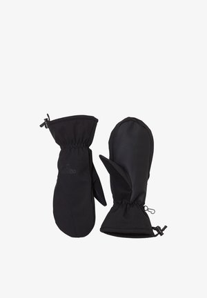 Een paar zwarte geïsoleerde wanten met verstelbare polsbanden en getextureerde handpalmen, ontworpen voor bescherming tegen koude omstandigheden.