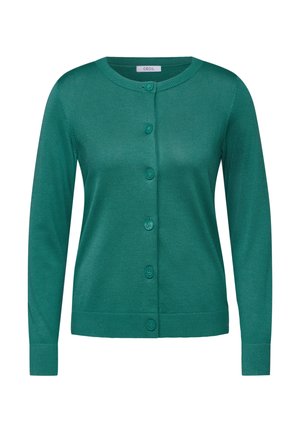 Green knitted cardigan with a round neck, front button closure, long sleeves, and ribbed cuffs. Smooth texture and simple design.